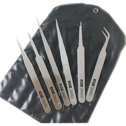 6Pcs/set Stainless Steel Tweezers Repair Tool TS-10/11/12/13/14/15 Industrial Precision Bent Straight Tweezers Maintenance Tools