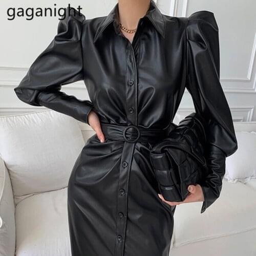 Gaganight PU Leather Women Maxi Dress Long Sleeve Single Breasted Chic Korean Office Lady Split Party Dress Vintage Slim Vestido