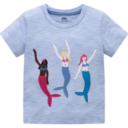 Jumping Meters New Arrival Mermaid Applique Childrens T shirts For Girls Summer Clothes Fashion Kids Tops Hot Selling Tees