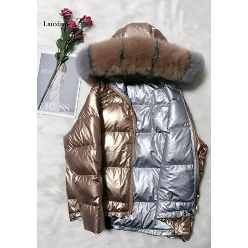 Women Down Coats Jackets Warm Woman Down Parka Two Sides Wears Fur Jacket Women Glossy Pink Coat Women Clothes Plus Size