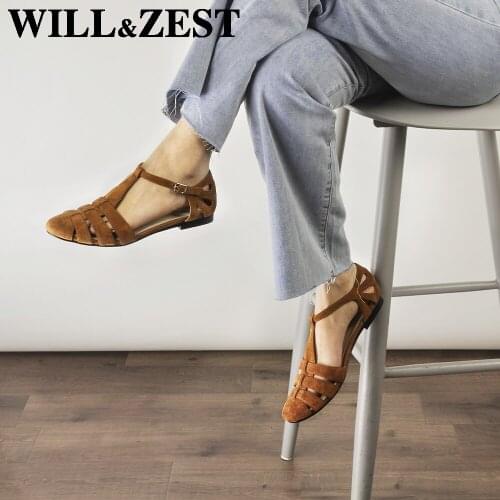 WILL&ZEST Leather Gladiator Flat Sandals T-Strap Womens Shoes Designer Summer Female Mary Jane 2021 Nursing Cute Shoes Low Heel