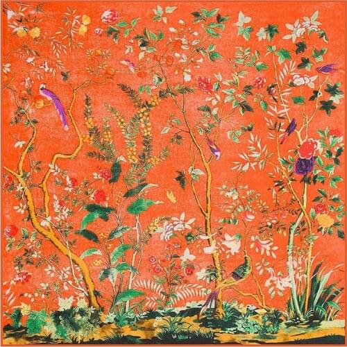 130*130cm Luxury Brand Silk Scarf Women Floral Lucky Birds Print Square Scarves Life Tree Large Foulard Femme Twill Silk Scarf