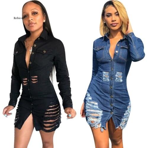 Sexy Ripped Hole Slim Jean Dress Women Full Sleeve Solid Color Short Denim Dress with Pockets Autumn New Club Wear