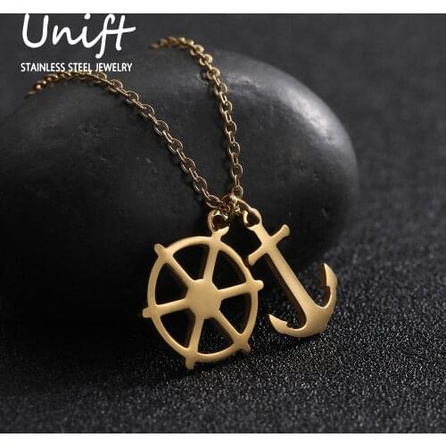 Unift Unique Design Rudder And Anchor Double Pendant Necklace For Men Women High Quality Stainless Steel Retro Pirate Jewelry