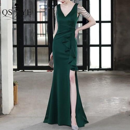 Green Long Prom Dresses Stretch Ruffles Emerald Evening Dress V Neck Formal Party Gown Split Dress Beadings Ruched Prom Gown