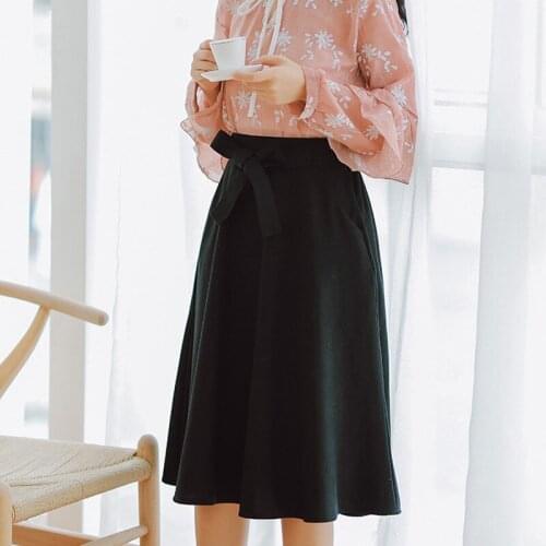 Women Skirt High Waist Pleated Knee Length Skirt Vintage A Line Big Bow Skirts