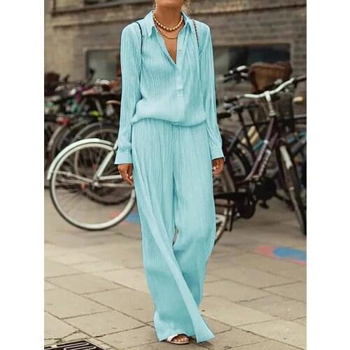 Summer womens long sleeve pants 2-piece temperament commuting polyester 2021 solid color wide leg pants loose set