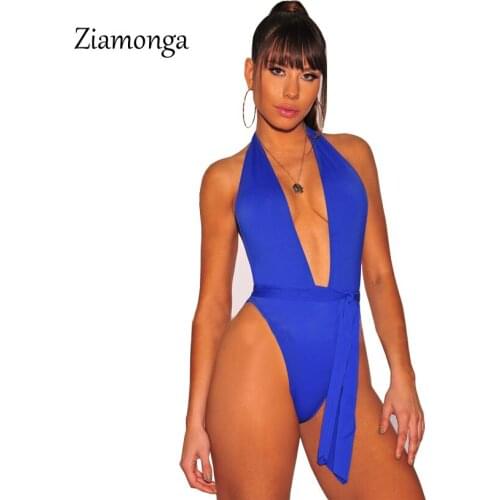 Ziamonga Jumpsuit Summer Tight Sexy Playsuits Bodysuits Women V-Neck Strap Halter Jumpsuit Bodycon Backless Sexy Bikini Playsuit