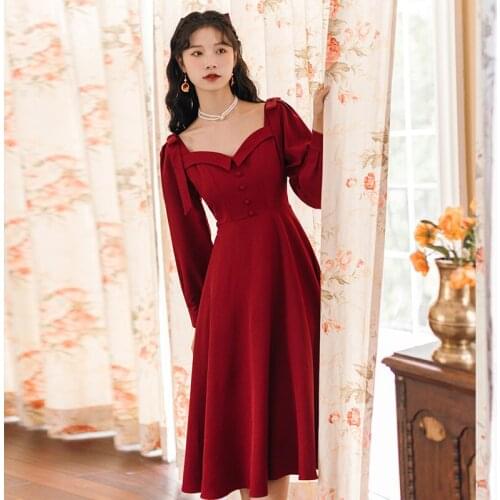 Design Bowknot Shoulder Straps Square Neck Spring Autumn Women Dress Long Sleeve Tea Break French Vintage Dresses Red Vestidos