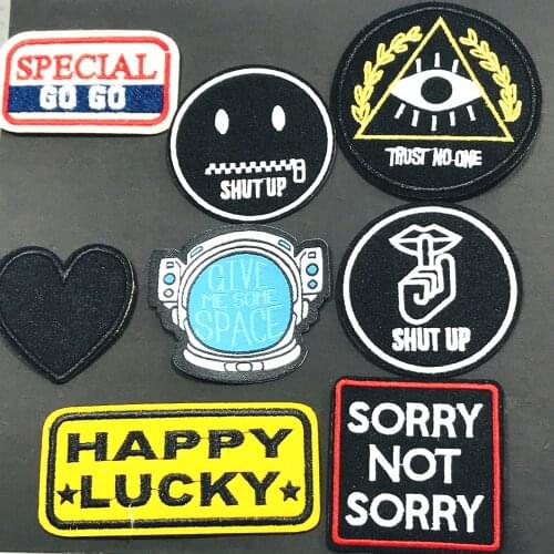 1Pcs Special Go Go Happy Lucky Shut Up Iron on Patches for Clothing Embroidery Applique DIY Hat Coat Accessories Sticker Stripes
