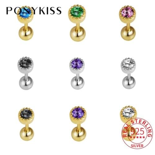 PONYKISS 1 PCS Real 925 Sterling Silver Round Colorful Zircon Stud 14K Gold Earrings Women Hiphop Fine Jewelry Drop Shipping