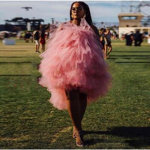 2019 Chic Blush Tulle High Low Cocktail Dresses Off Shoulder Tiered Ruffles Short Prom Dress Robe De Cocktail Homecoming Gowns