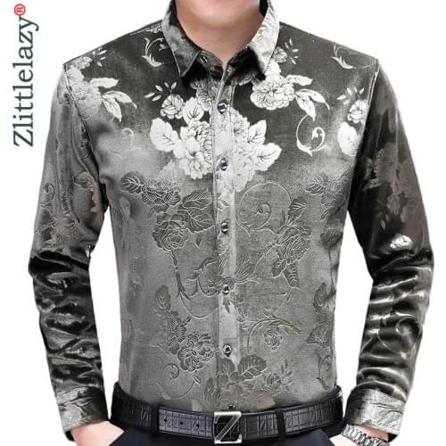 2020 Brand Casual Winter Warm Thick Luxury Slim Fit Flower Men Shirt Streetwear Social Dress Shirts Mens Fashions Jersey 02117