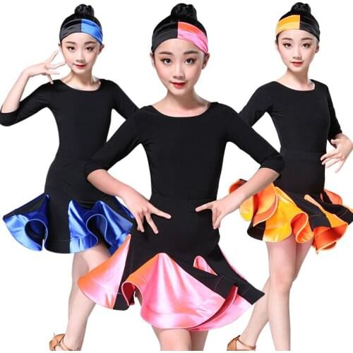 Children Clothes Girl Dance Latin Dress 4 Color Long Short Sleeve Latin Skirt Girls Competition Practice Skirt Children Dress