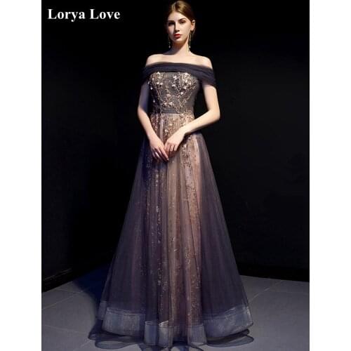 Gray Boat Neck Sequins Tulle Long Prom Dresses Sexy Formal Party Robe De Soiree Off Shoulder High Quality Vestidos Evening Gowns