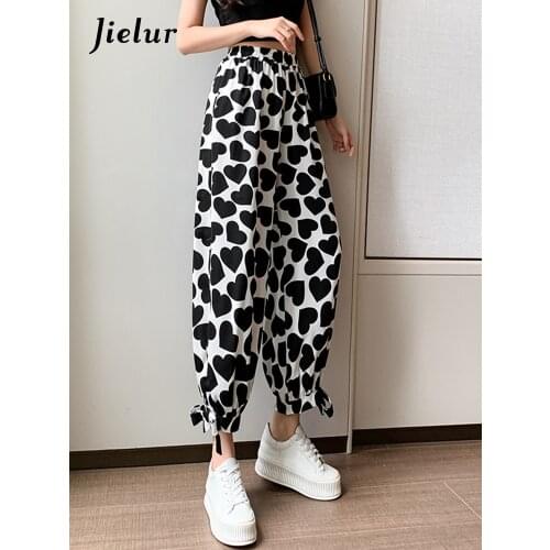 Jielur Ice Silk Harem Pants for Women Summer Loose Chiffon Polka Dot Printed Pant Female Anti-mosquito Black Trouses S-XL 2021