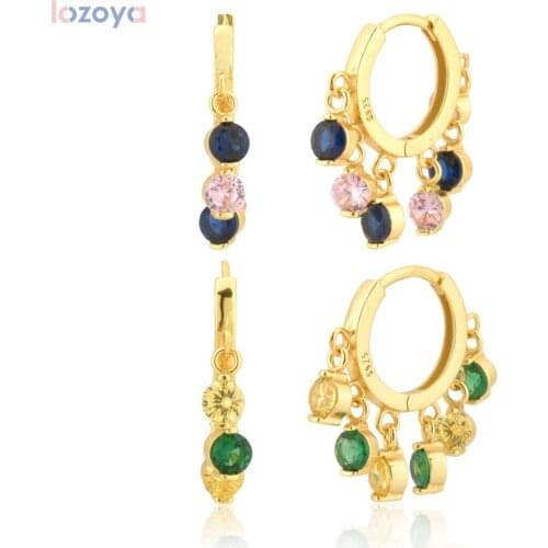 LOZOYA 925 Sterling Silver Gold Colorful Zircon Charm Pendiente Crystal Fashion Piercing CZ Fine Jewelry For Women Gift