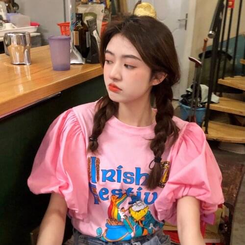 Cute sweet girl Korean age-reducing three-dimensional bubble sleeve cartoon print stitching loose T-shirt women