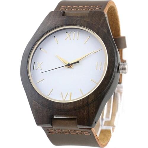 Dropshipping Fashion Handmade White Copper Dial Ebony Color Wooden Wrist Watch for Men with Leather Belt