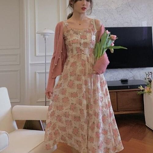 2021 New Women Summer Print Floral Midi Dress Vintage Franchtemperament Style Female Strapless Party Dress Casual Holiday Lady