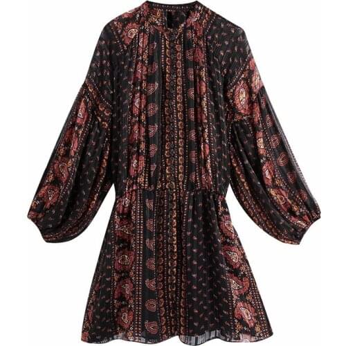 Evfer Women Autumn Fashion Red Print Za Chiffon Mini Dresses Female Elegant Long Puff Sleeve Singe Breasted High Waist Dress