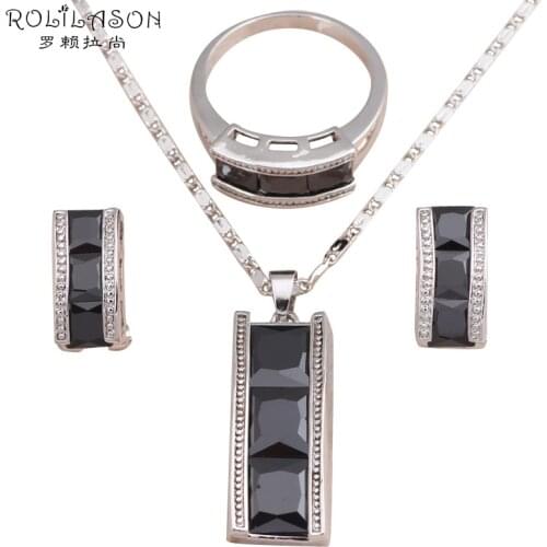 ROLILASON Cool Black Onyx design filled Black Zircon Jewelry Sets Earrings Necklace rings sz #6#7.5#8#9#9.5 JS570