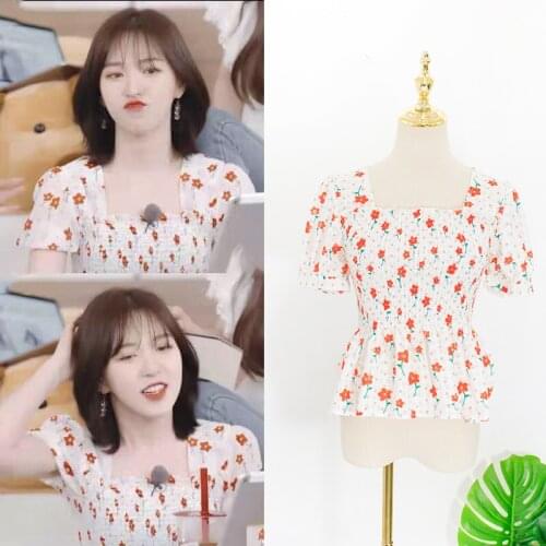 Kpop Korean Celebrity Summer New Fashion Square Collar Floral Shirt Women Student Sweet Fresh Slim Short-Sleeved Blouse And Tops