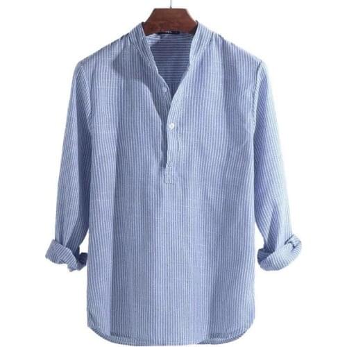 SHUJIN 2021 New Long Sleeve Mens Shirts Spring Autumn Striped Slim Fit Stand Collar Shirt Male Clothes Plus Size Streetwear