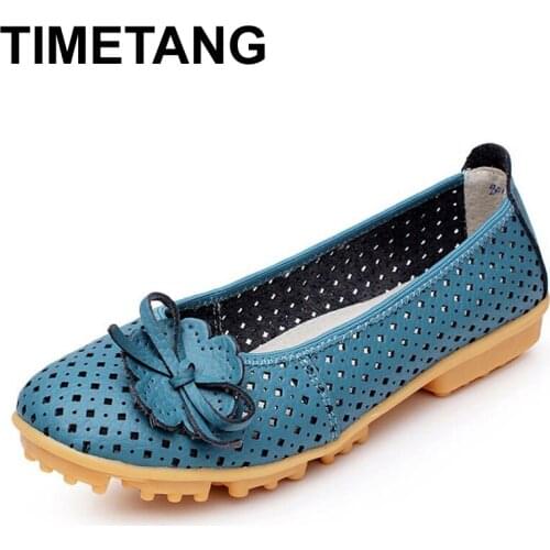 TIMETANG Hollow Outs Breathable Summer Shoes Women Flats Genuine Leather Soft Women Loafers Ladies Moccasins Female BSN-614