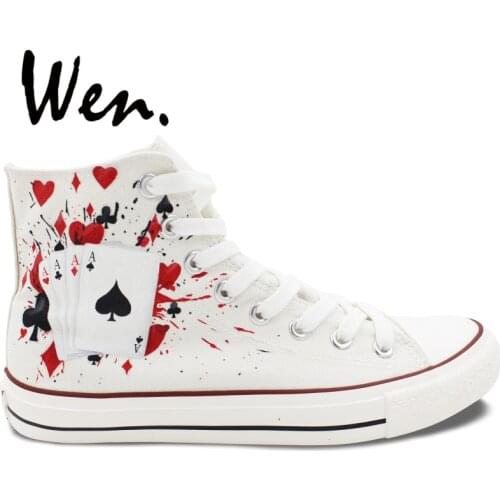 Wen Hand Painted Shoes Design Custom Poker Dice Graffiti Painting White Canvas Sneakers High Top Lace up Sport Plimsolls