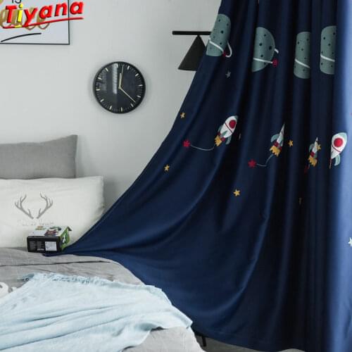 Outer Space Curtain for Kids Room Childs Cartoon Window Drapes Kids Blue Blackout Curtains Spaceship Curtains WP020&40