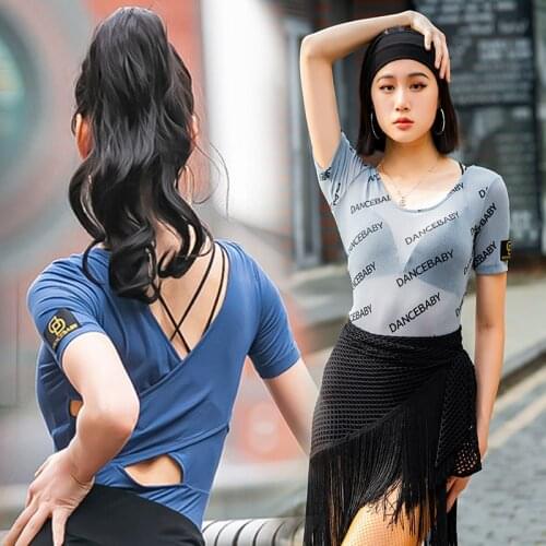 Latin Dance Clothes Female Adult Summer Short Sleeve Tops See-Through Round Neck T-Shirts Women Latin Tops Practice Wear BL6191