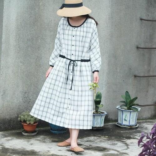 Johnature Women Plaid Bandage Dresses Button O-Neck Long Sleeve Cotton Linen 2021 Autumn New Female Vintage Loose Dresses