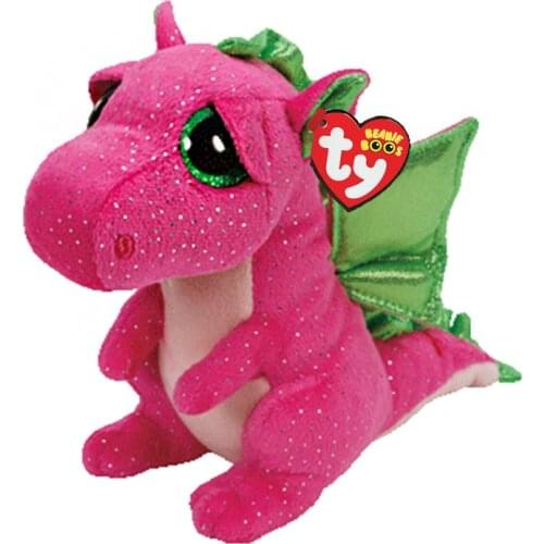 15 CM Ty Beanie Big Eyes Cute Pink Dinosaur with Fluorescent Green Wings Plush Toy Stuffed Dragon Doll Children Birthday Gift