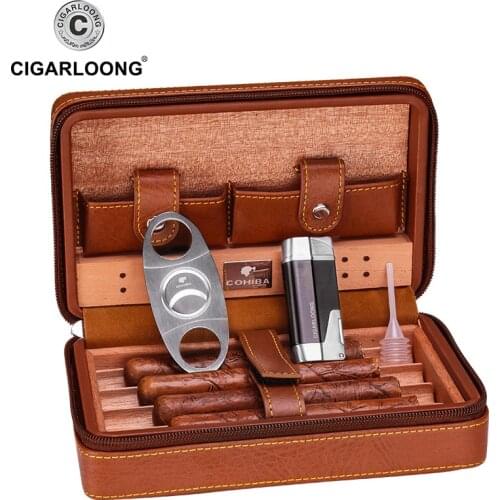 Free Ship Black Brown Cohiba Cigar Case Humidor Portable Cedar Wood Leather Travel Humidor Humidifier Set Gift Box HH-1040