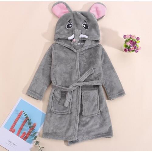 Autumn Winter Unisex Kids Fleece Hooded Sleeping Gown Sleepwear Baby Girl Boy Cartoon Elephant Long Sleeve Thick Bath Robe