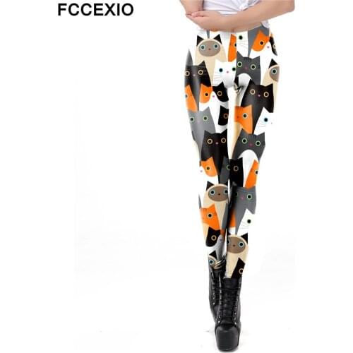 FCCEXIO New Cartoon Women Leggings Cat Print Elastic Fitness Leggins High Quality Polyester Plus Size Mid Waist Legins Spring