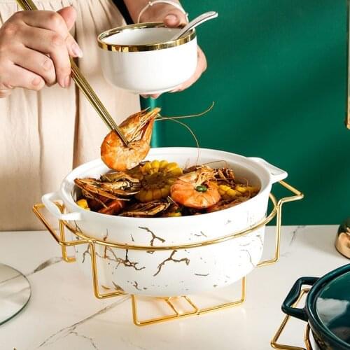 Marble gold pattern Nordic ears ceramic pot household soup pot bowl tableware creative pot rack with candle holder