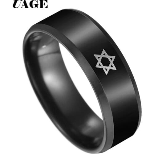 UAGE High Quality Stainless Steel Star of David Finger Ring 8MM For Mens Band Wedding Punk Ring Supernature Jewelry Gift