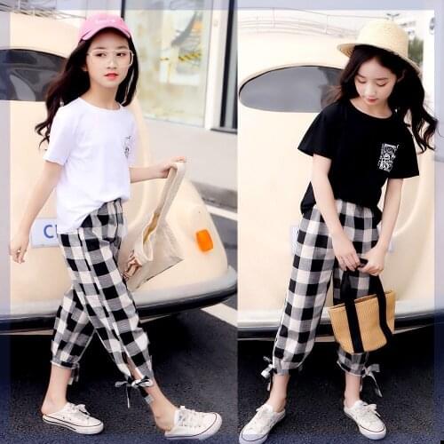 Teenage Girls Summer Children Clothes Outfits T-shirt + Casual Plaid Pants For Kids Clothing Two-Piece Set 4 6 8 10 12 14 Years