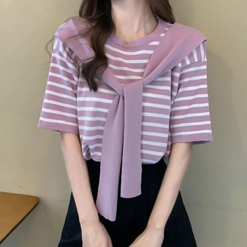 Summer T-shirt Loose Round Neck Fake Two Piece Fashionable Striped Design Short Sleeve