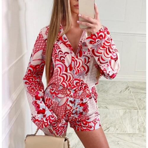 80% HOT SALE 1 Set Shirt Shorts Set Printed Elastic Waist Women Long Sleeve Single-breasted Outfit for Vacation Beach Wear