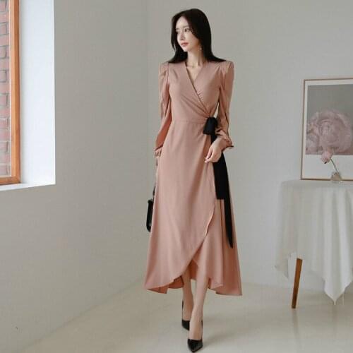 Midi Casual Autumn Dress Women Long Sleeve Corset Long Dress Ladies with Sashes Asymmetrical Womens Dresses New Arrival 2019