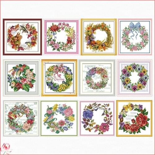Beautiful Wreath Cross Stitch Kit DIY Flowers Pattern Embroidery 14CT 11CT Needlework Home Deco Canvas Sewing Set Handmade Gifts