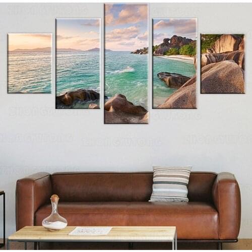 Canvas Wall Art Prints Poster Frame 5 Piece Island Summer Sky Sand Beach Palm Trees Stones Paintings Modular Home Decor Pictures