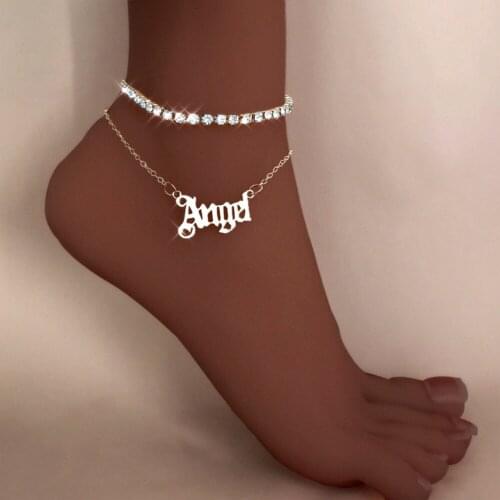 New Multi-layer Rhinestone Tennis Foot Chain Anklets for Women Punk Angel Letter Ankle Bracelet Jewelry Summer Beach Accessories