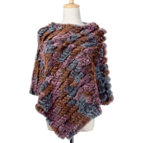 Autumn Womens Genuine Knitted Rabbit Fur Poncho Multi Color Pashmina Wraps Lady Capes Female Stole VF5035
