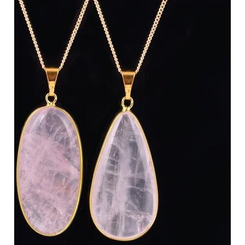 Necklaces & Pendants Natural Stone Pink Crystal Pendant for Women Men Oval Dome Water Teardrop Reiki Bead Necklace JewelleryD313