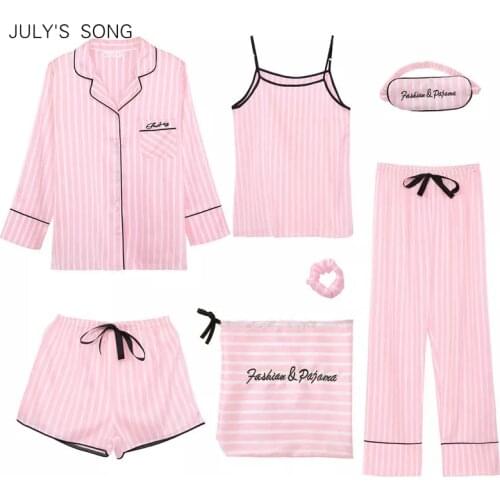 JULYS SONG Pink 7 Pieces Womens Pajamas Sets Faux Silk Striped Pyjama Womens Pajamas Sleepwear Sets Spring Summer Homewear