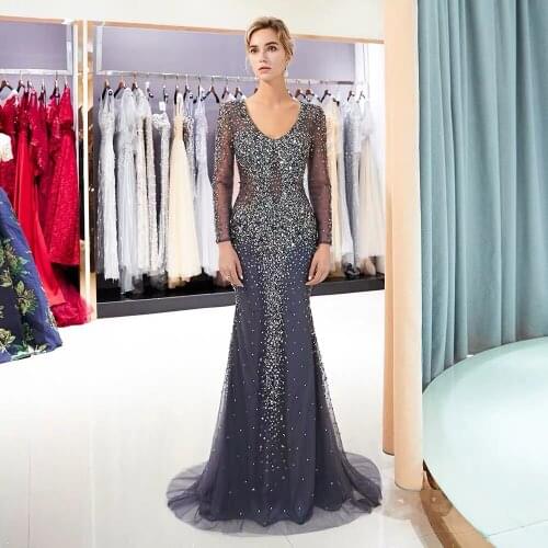 Luxury V-neck Long Sleeves 2020 Rhinestones Long Evening Dresses Elegant Mermaid Pageant Dress Women Gown